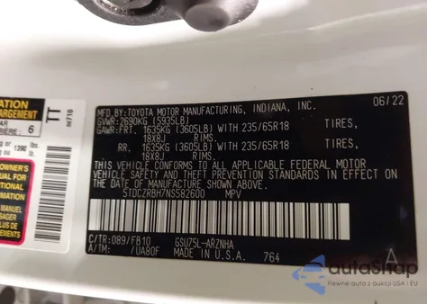 2022 Toyota Highlander L from USA, damaged, VIN 5TDCZRBH7NS582600